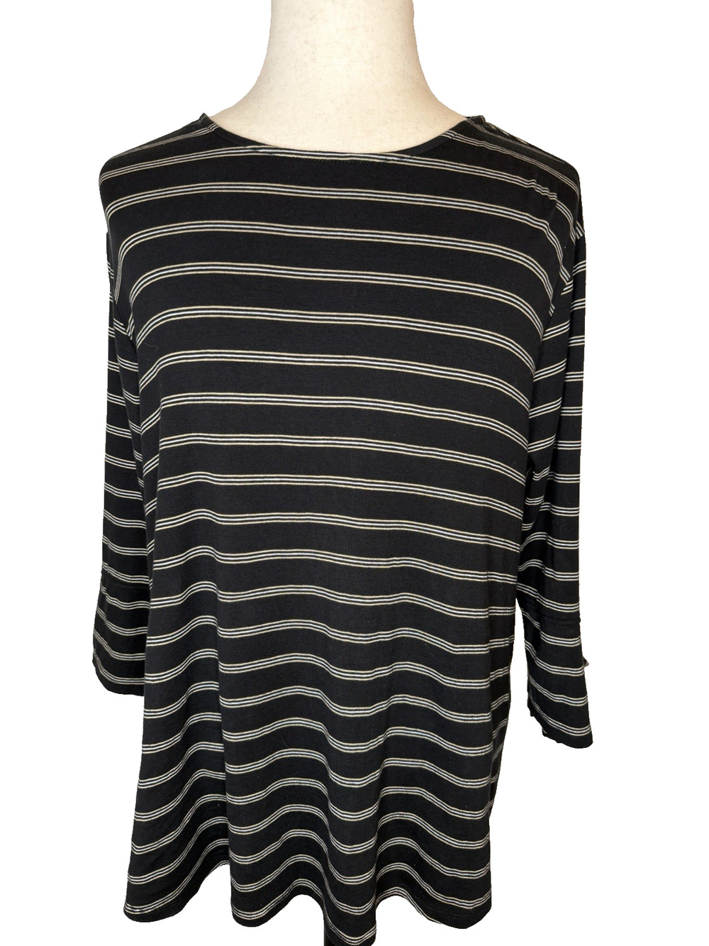 J Jill Women’s Pima Tie Sleeve T-Shirt Size 3X Black With Stripes 3/4 Sleeves